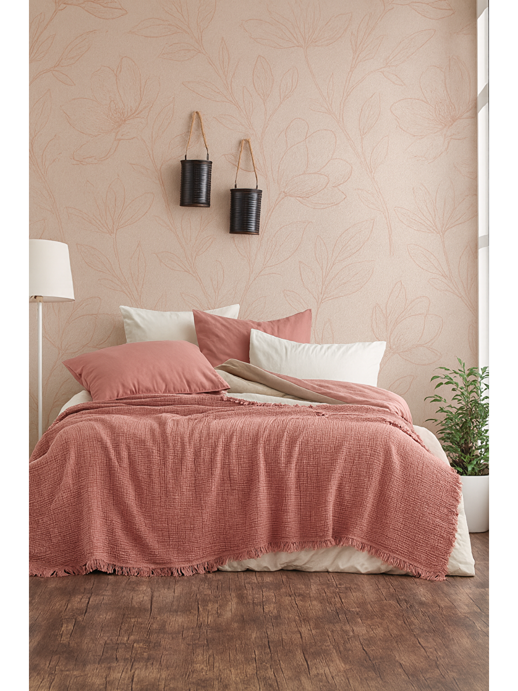 Pembe Müslin Somon Çift Kişilik Yatak Örtüsü – 4 Katlı