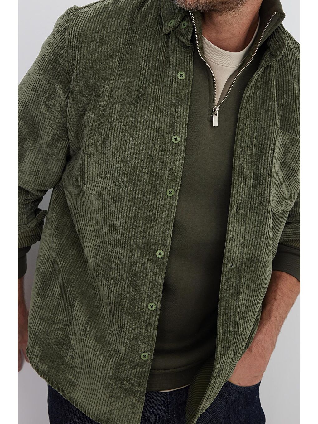 Erkek Regular Fit Rahat Kesim Fitilli Kadife Görünüm Düğmeli Yaka Haki Ceket Gömlek-2