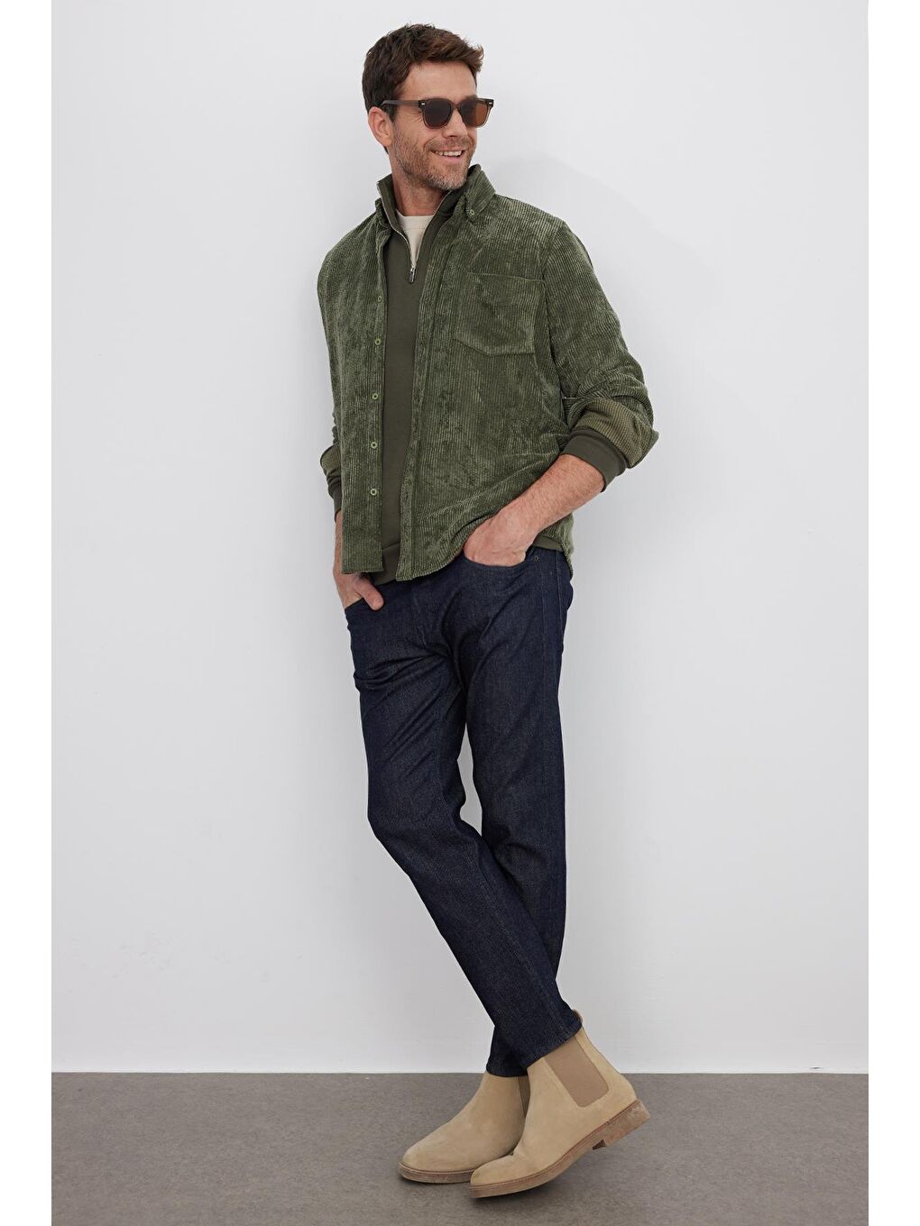 Erkek Regular Fit Rahat Kesim Fitilli Kadife Görünüm Düğmeli Yaka Haki Ceket Gömlek-3