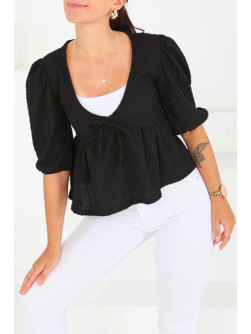 Buffle Kısa Kollu Bluz Siyah - 27538-1