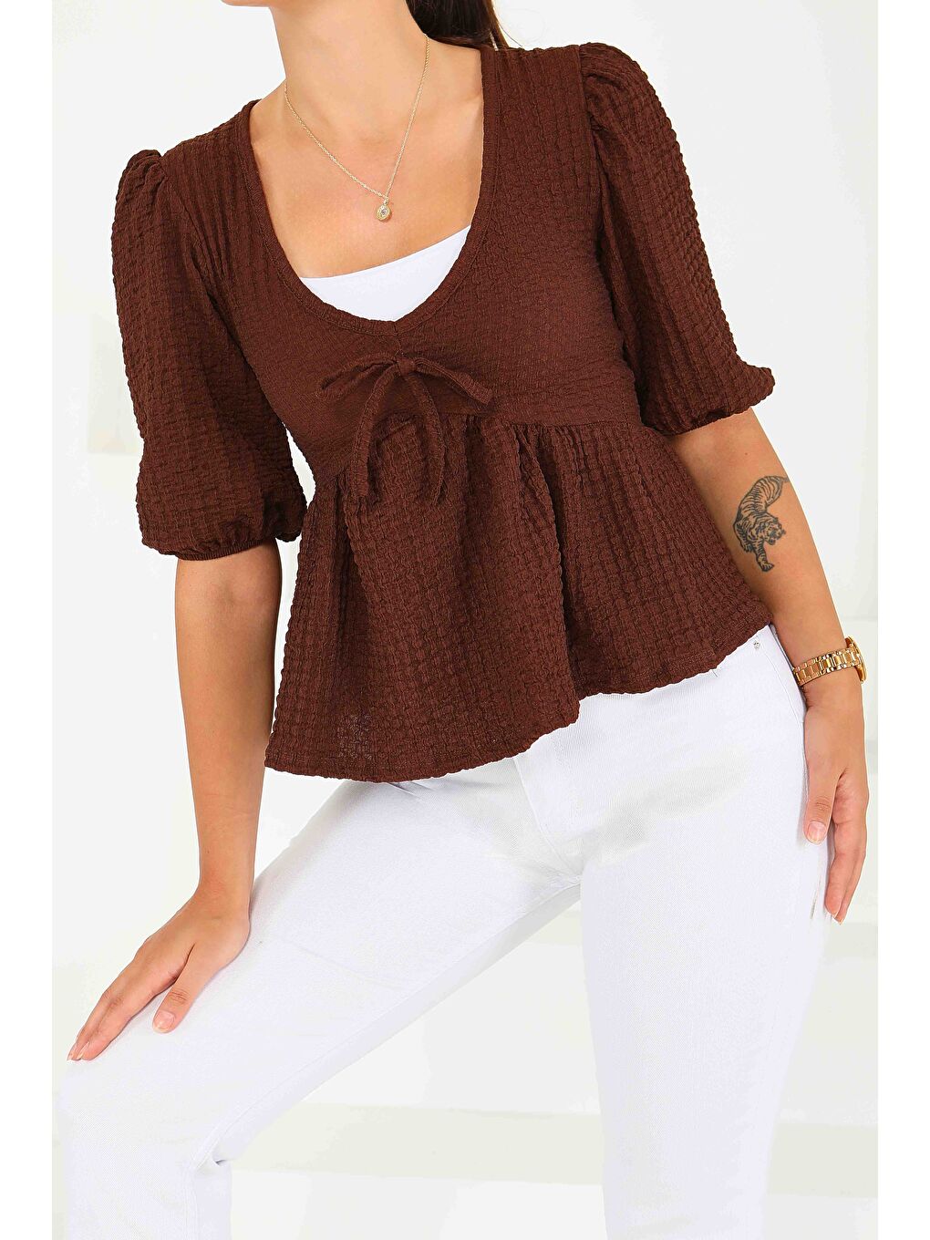 Kahverengi Buffle Kısa Kollu Bluz Kahve - 27538-2