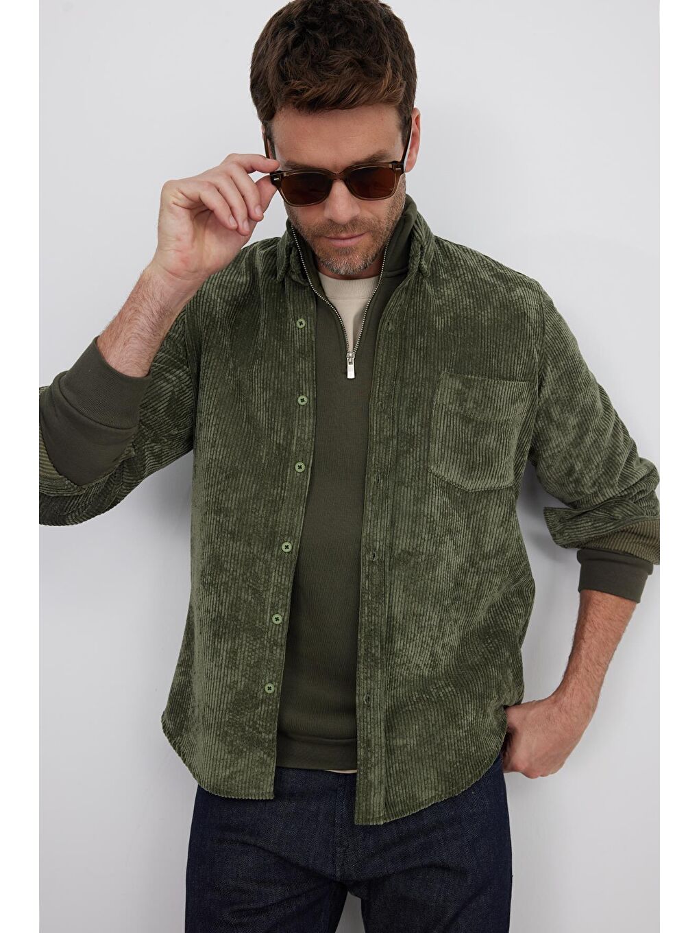 Erkek Regular Fit Rahat Kesim Fitilli Kadife Görünüm Düğmeli Yaka Haki Ceket Gömlek-4