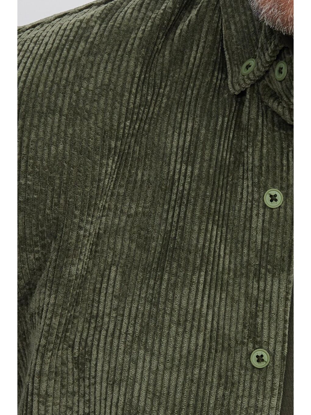 Erkek Regular Fit Rahat Kesim Fitilli Kadife Görünüm Düğmeli Yaka Haki Ceket Gömlek-5