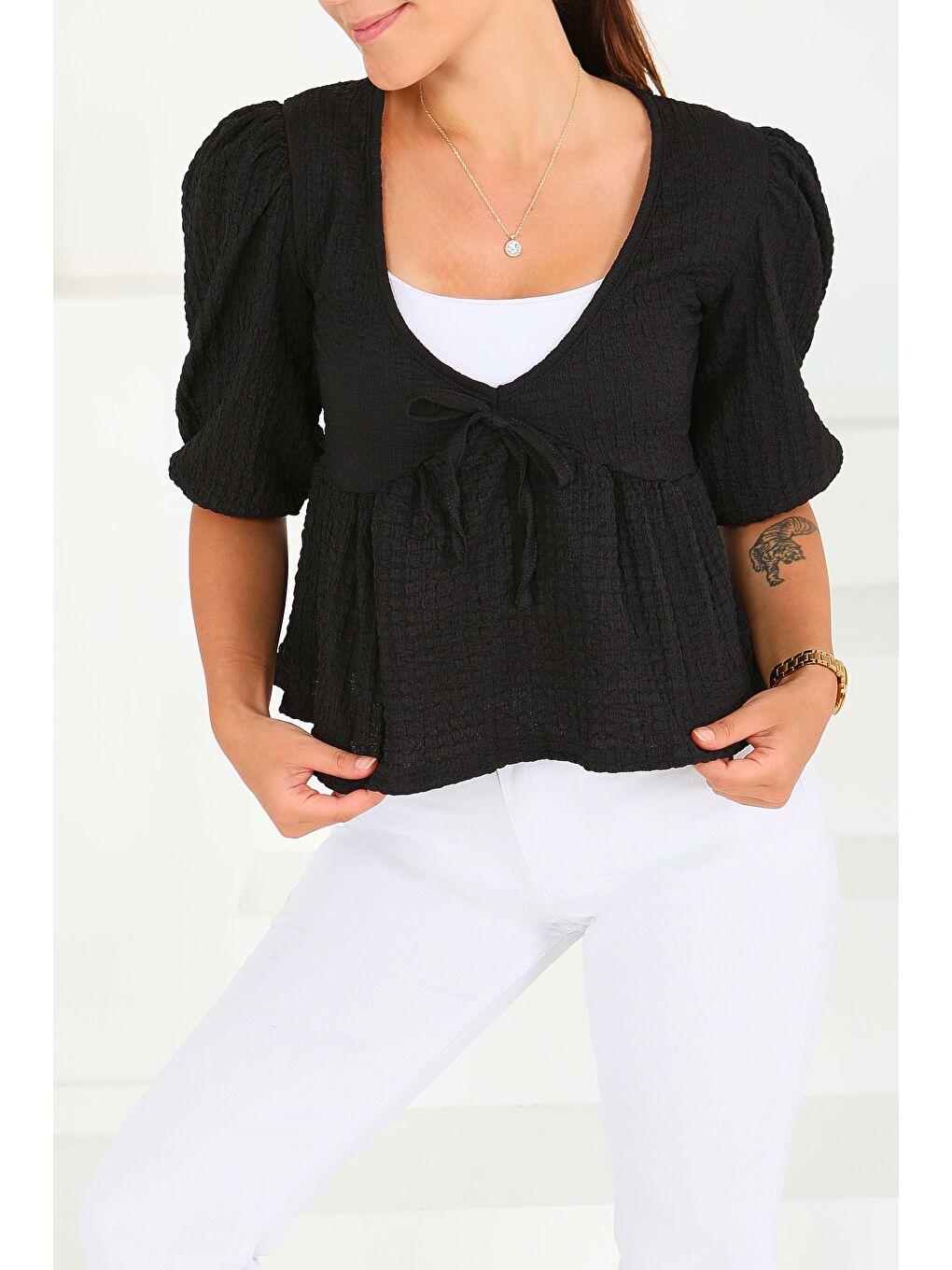 Buffle Kısa Kollu Bluz Siyah - 27538-2