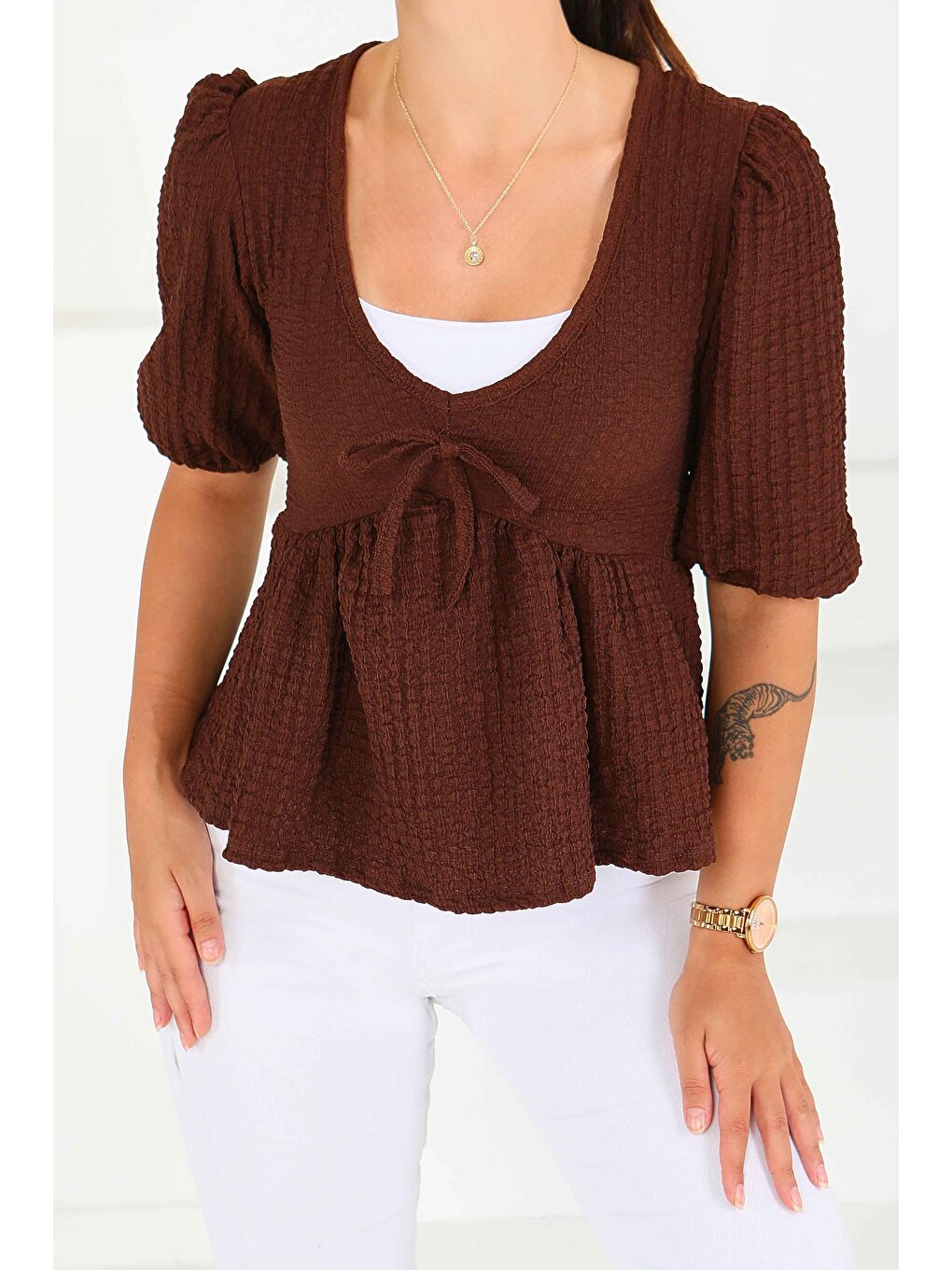 Kahverengi Buffle Kısa Kollu Bluz Kahve - 27538-3