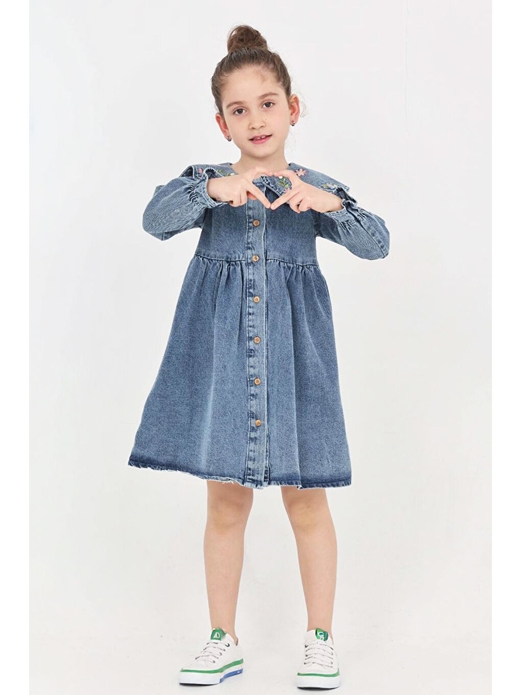 İndigo Kız Çocuk Yaka Detaylı ve Boydan Düğmeli Jean Elbise 12339-1