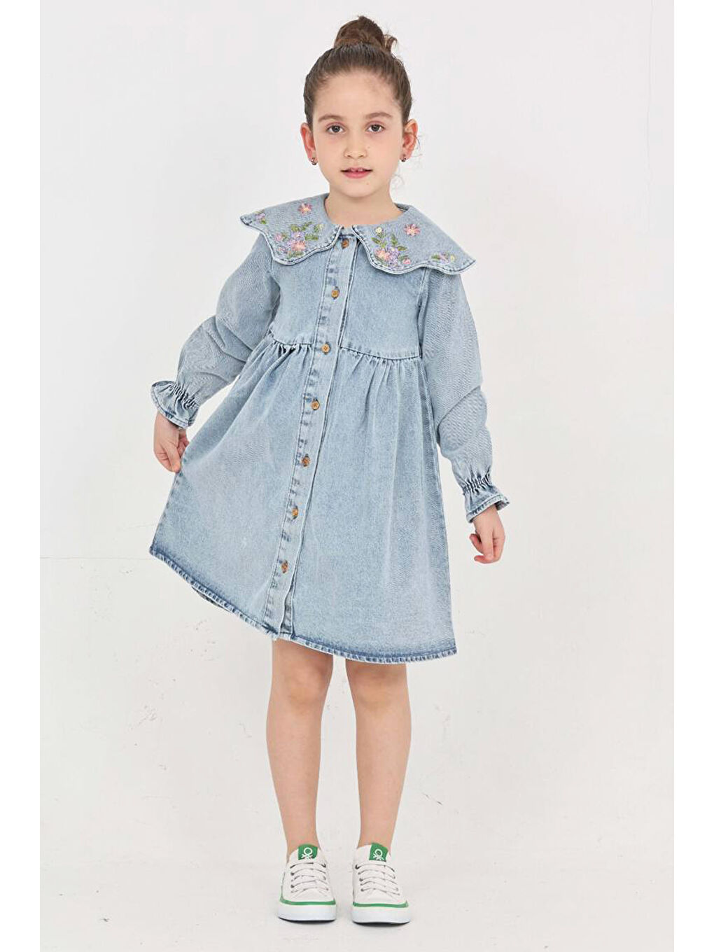 Mavi Kız Çocuk Yaka Detaylı ve Boydan Düğmeli Jean Elbise 12339-1