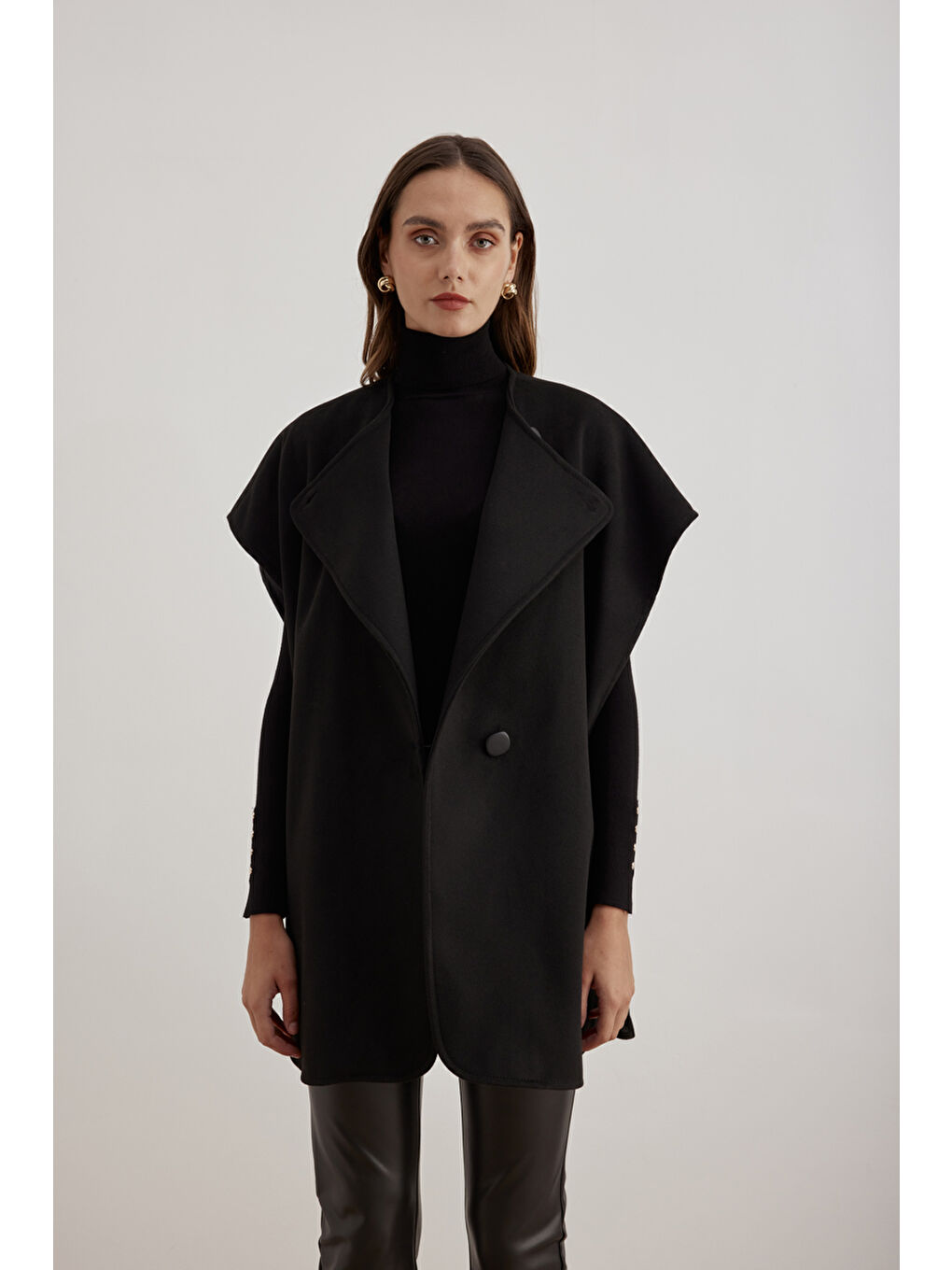 Siyah 18182111 Kolsuz Düğme Detaylı Kap-2