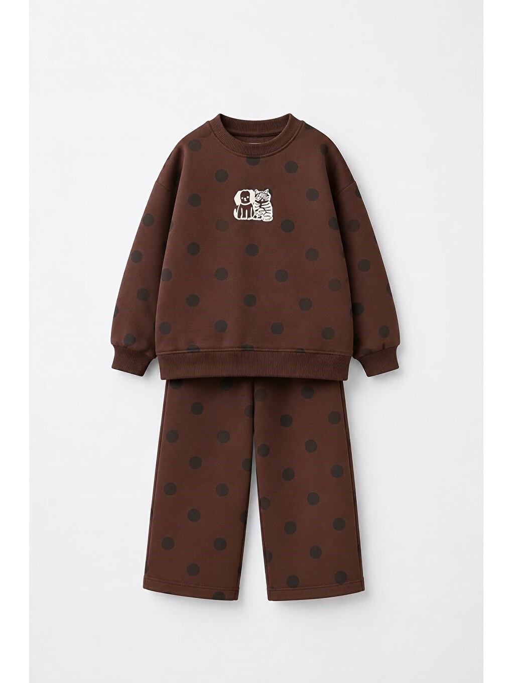 Lacivert Çocuk Pamuklu Baskılı Kahverengi Puantiyeli Sweatshirt Ve Eşofman Takımı-3