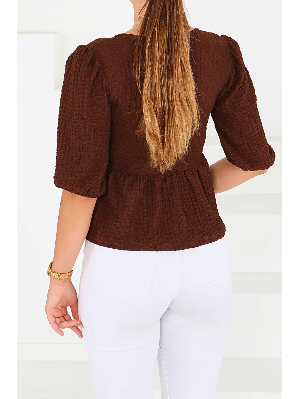 Kahverengi Buffle Kısa Kollu Bluz Kahve - 27538-4