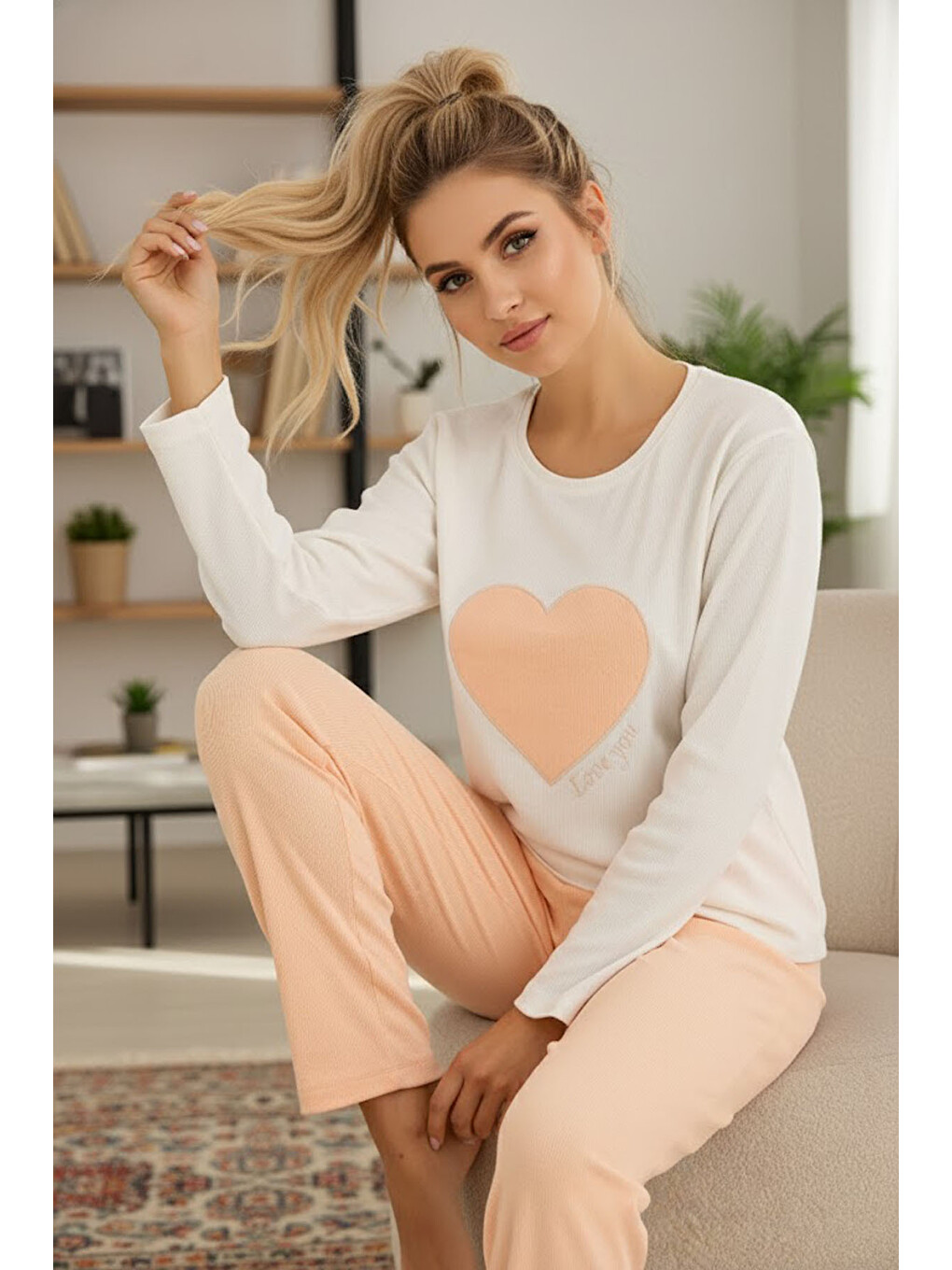 Pembe Somon Kalp Nakışlı Pamuklu Fitilli Kaşkorse Örme Pijama Takım25226013