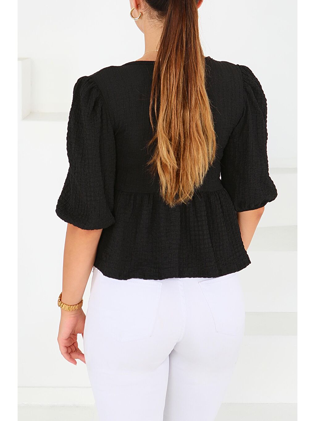 Buffle Kısa Kollu Bluz Siyah - 27538-3