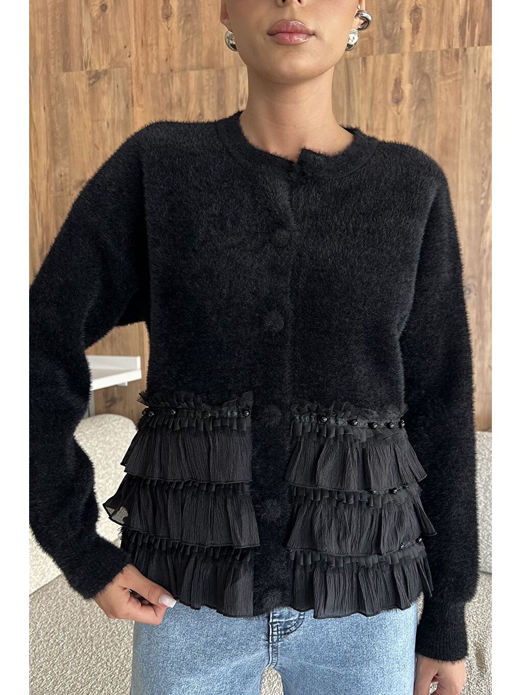 Siyah Alt Kısmı Fırfırlı Yumoş Triko Ceket (s,m,l,xl Uyumludur)-2