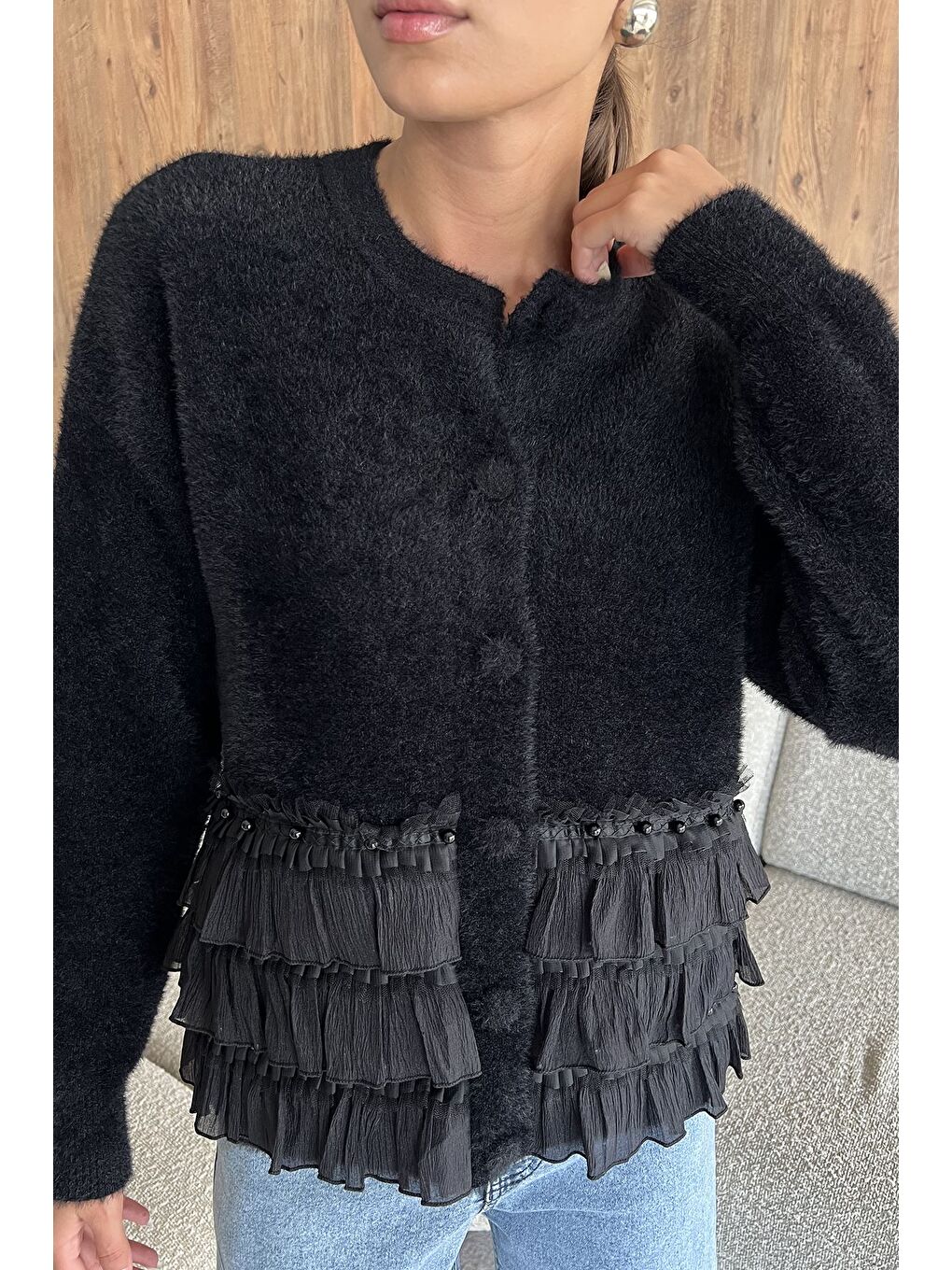 Siyah Alt Kısmı Fırfırlı Yumoş Triko Ceket (s,m,l,xl Uyumludur)-3