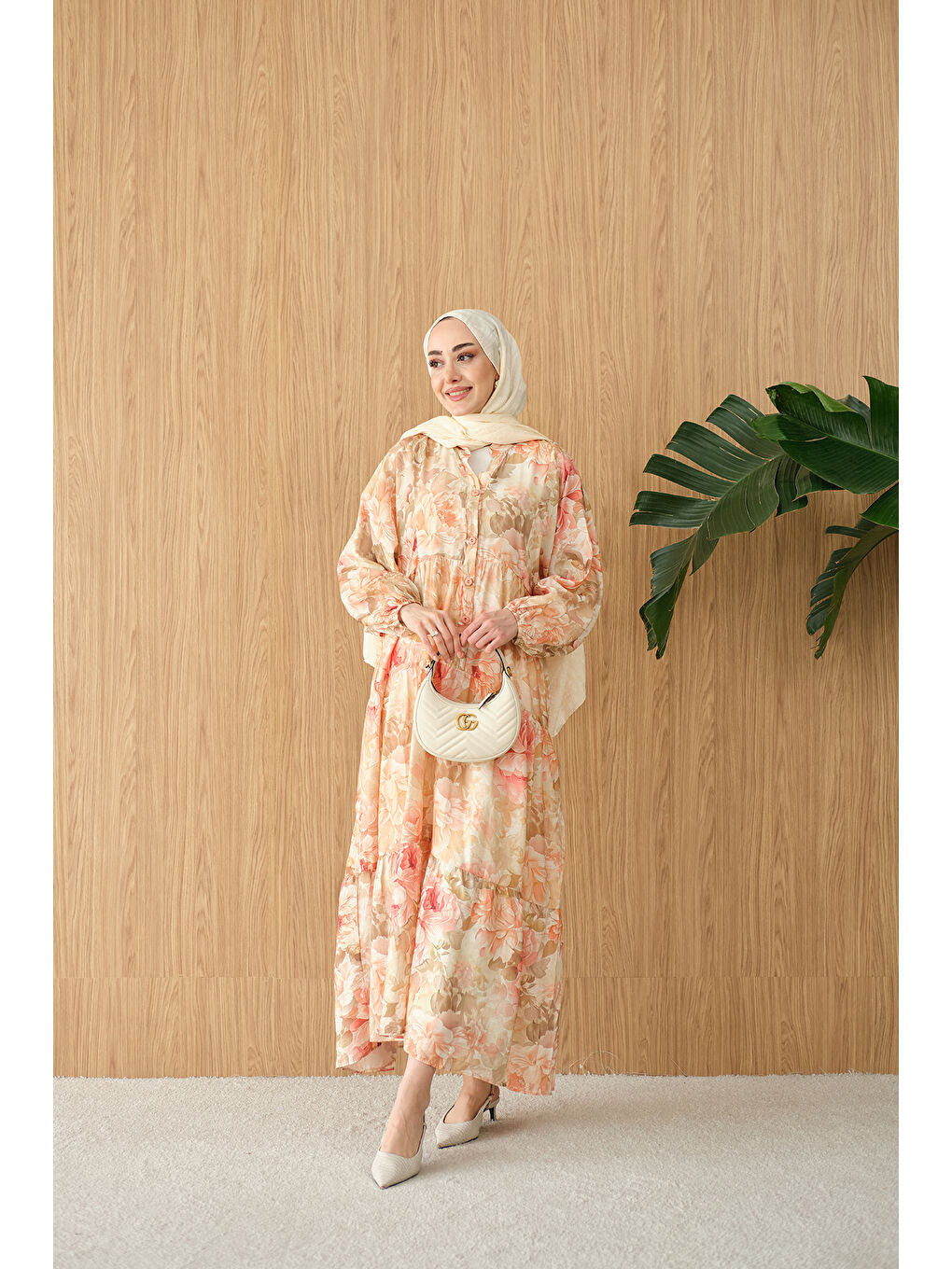 Pembe Kadın Floral Çiçek Desen Elbise Somon