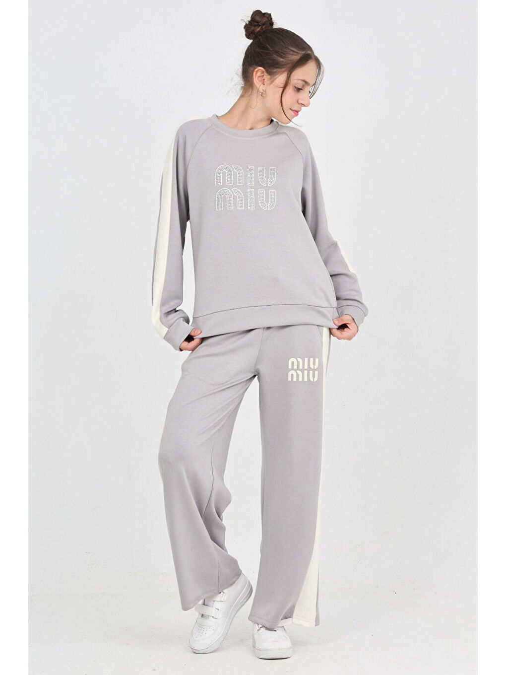 Gri Kız Çocuk Oysho Kumaş Şerit Garni Detaylı Alt-Üst Takım 12302-2