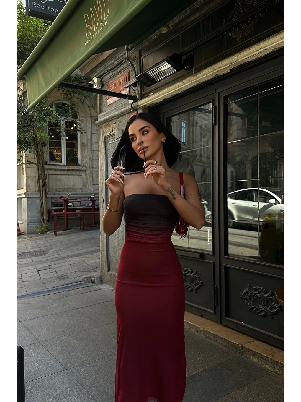 Kadın Bordo Straplez Batik Elbise 1026-0033-1