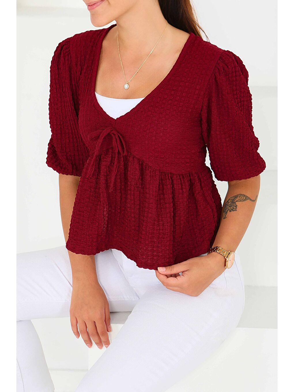 Buffle Kısa Kollu Bluz Bordo - 27538