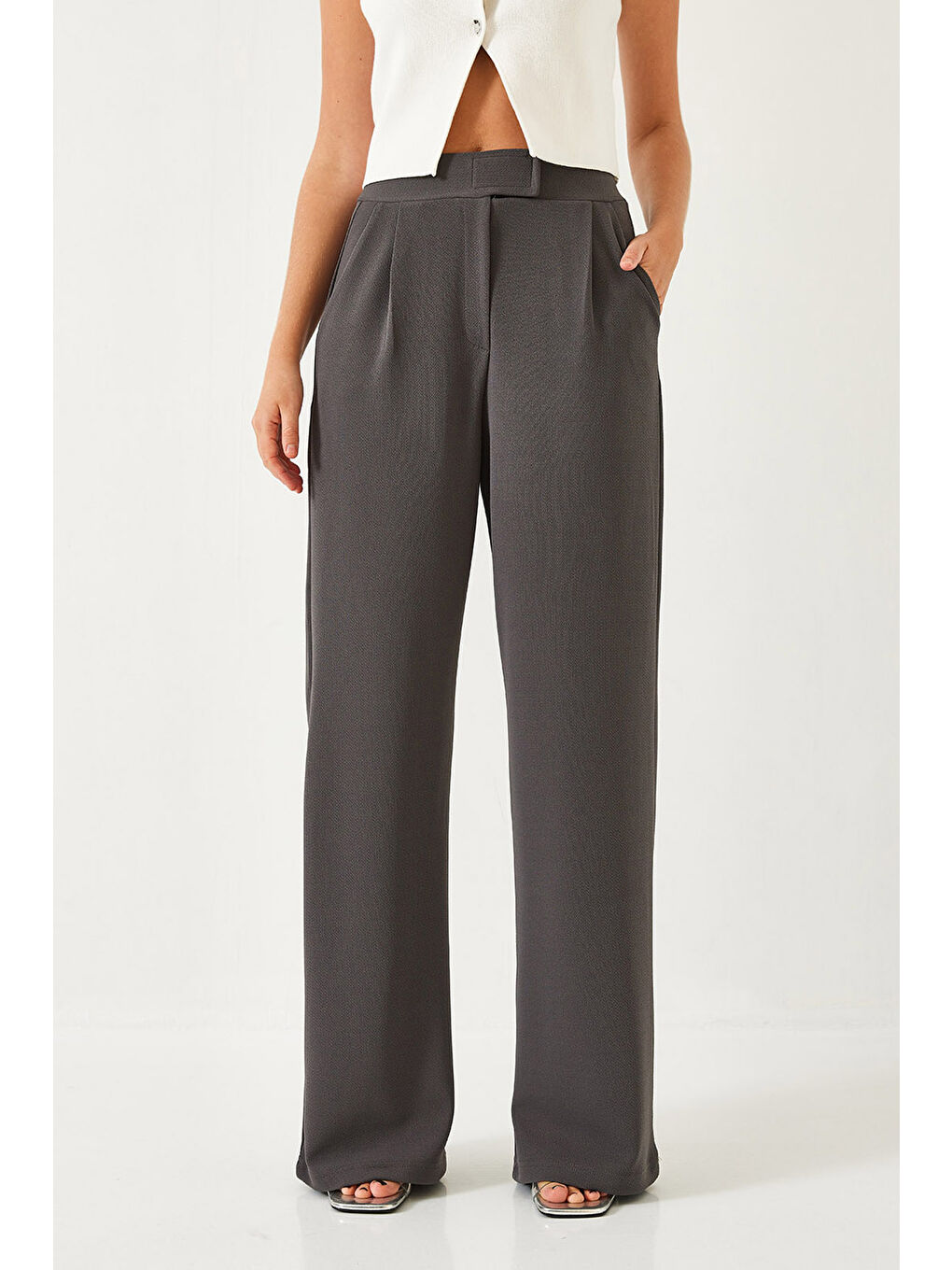Antrasit Kadın Beli Cırtlı Rahat Palazzo Pantolon-1