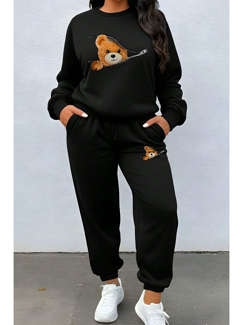 Kadın Siyah Fermuar Ayıcık Baskılı Alt Üst Eşofman Takımı