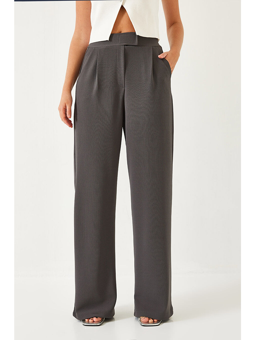 Antrasit Kadın Beli Cırtlı Rahat Palazzo Pantolon-2