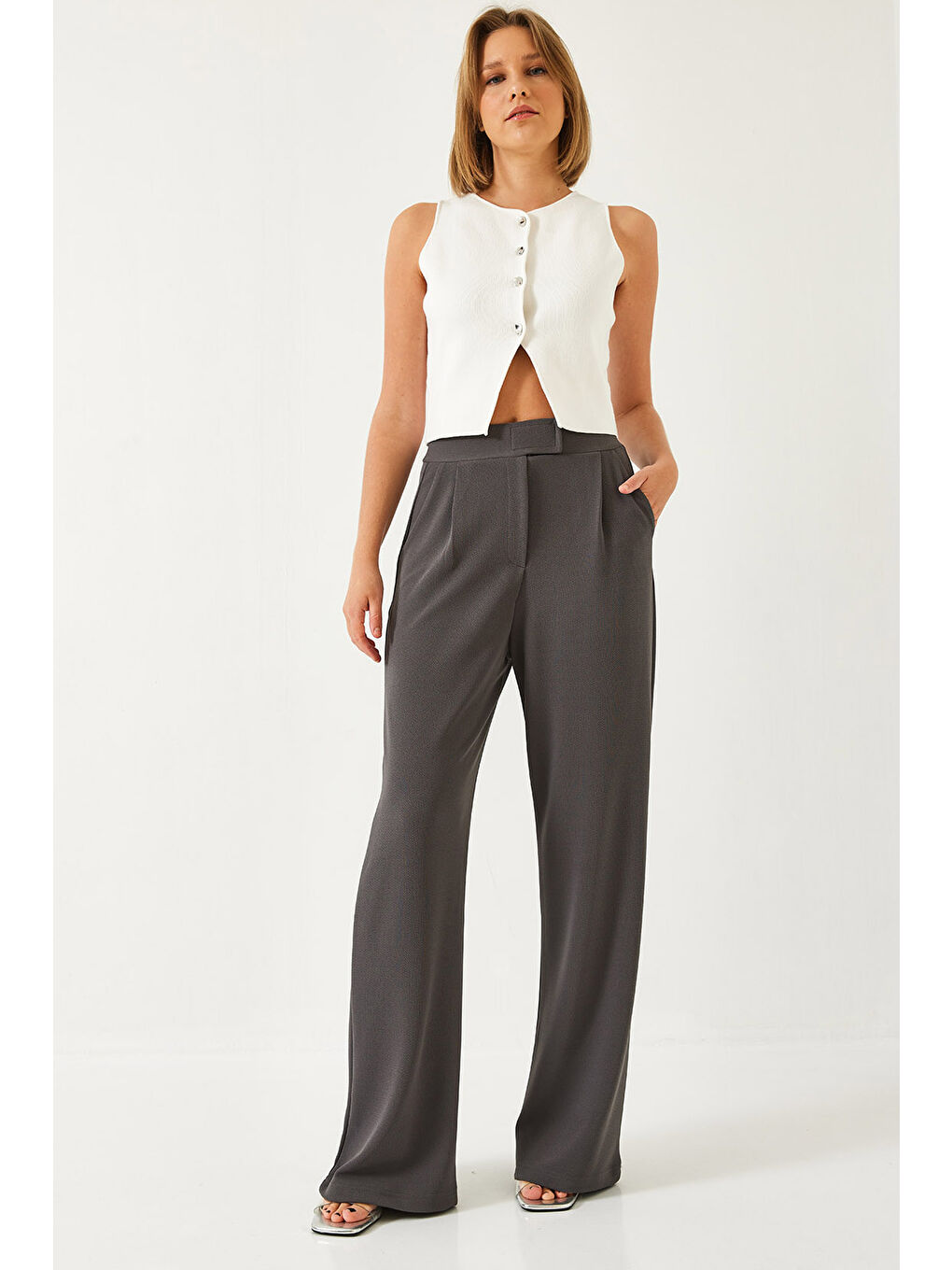 Antrasit Kadın Beli Cırtlı Rahat Palazzo Pantolon-3