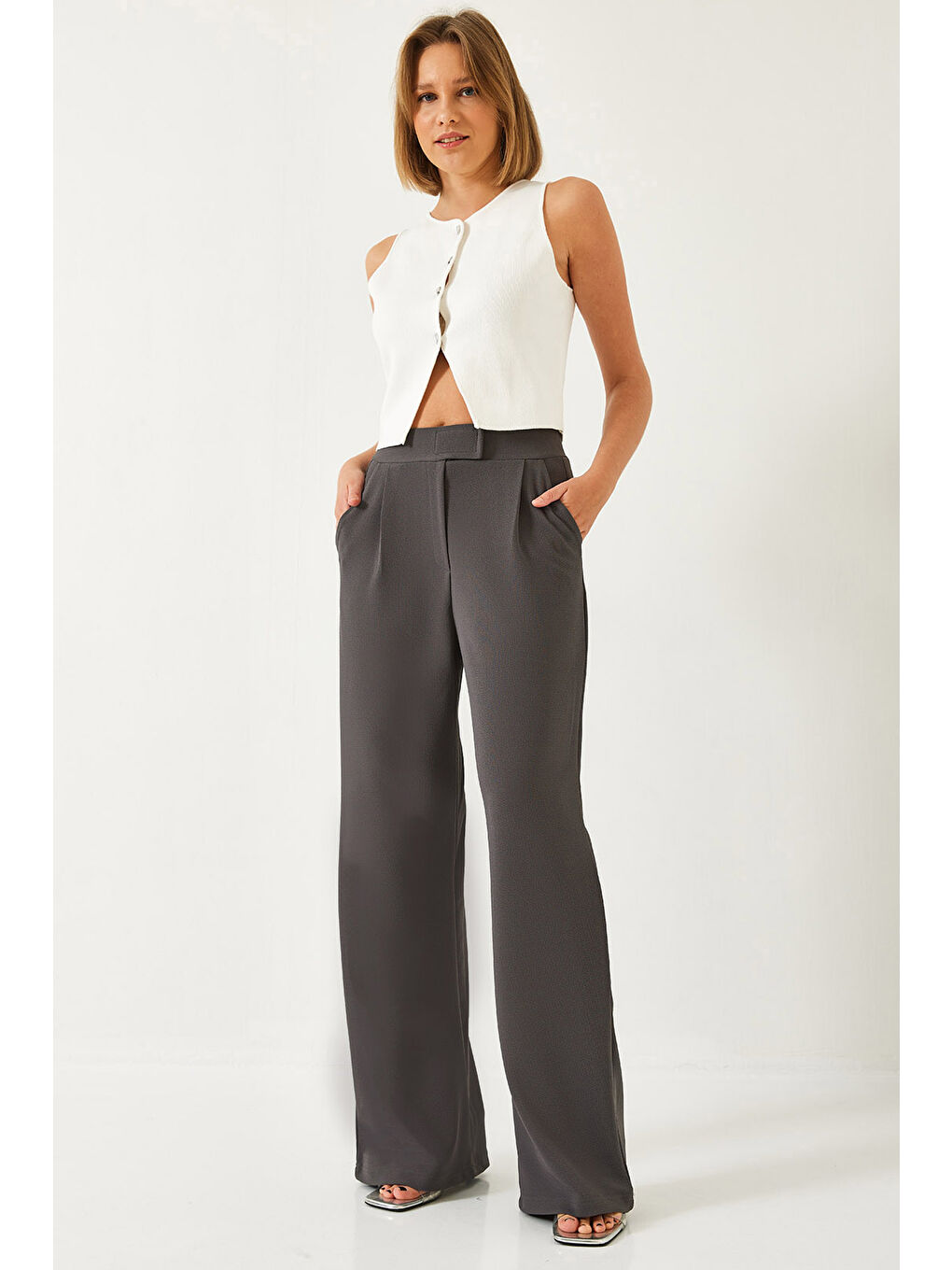 Antrasit Kadın Beli Cırtlı Rahat Palazzo Pantolon-4