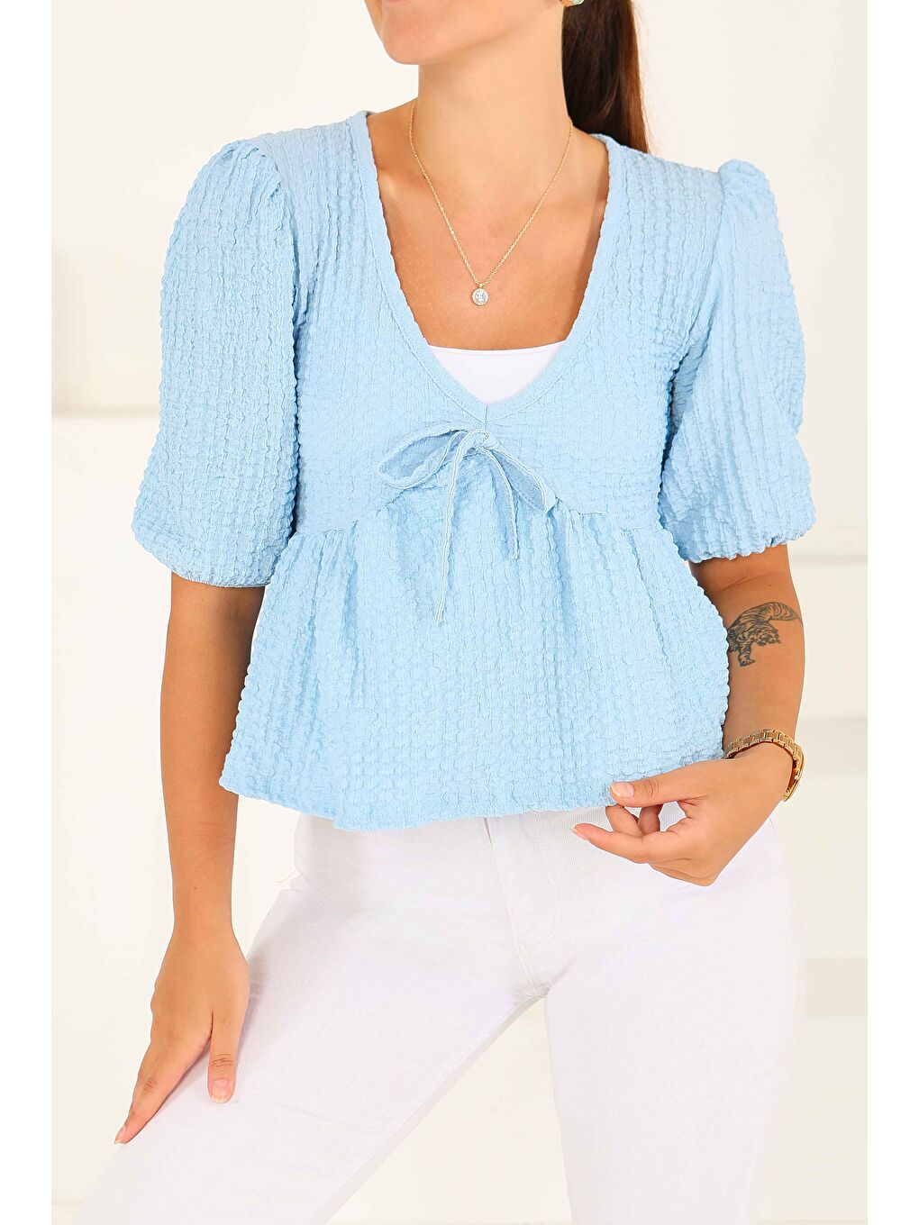 Buffle Kısa Kollu Bluz Bebe Mavi - 27538-1