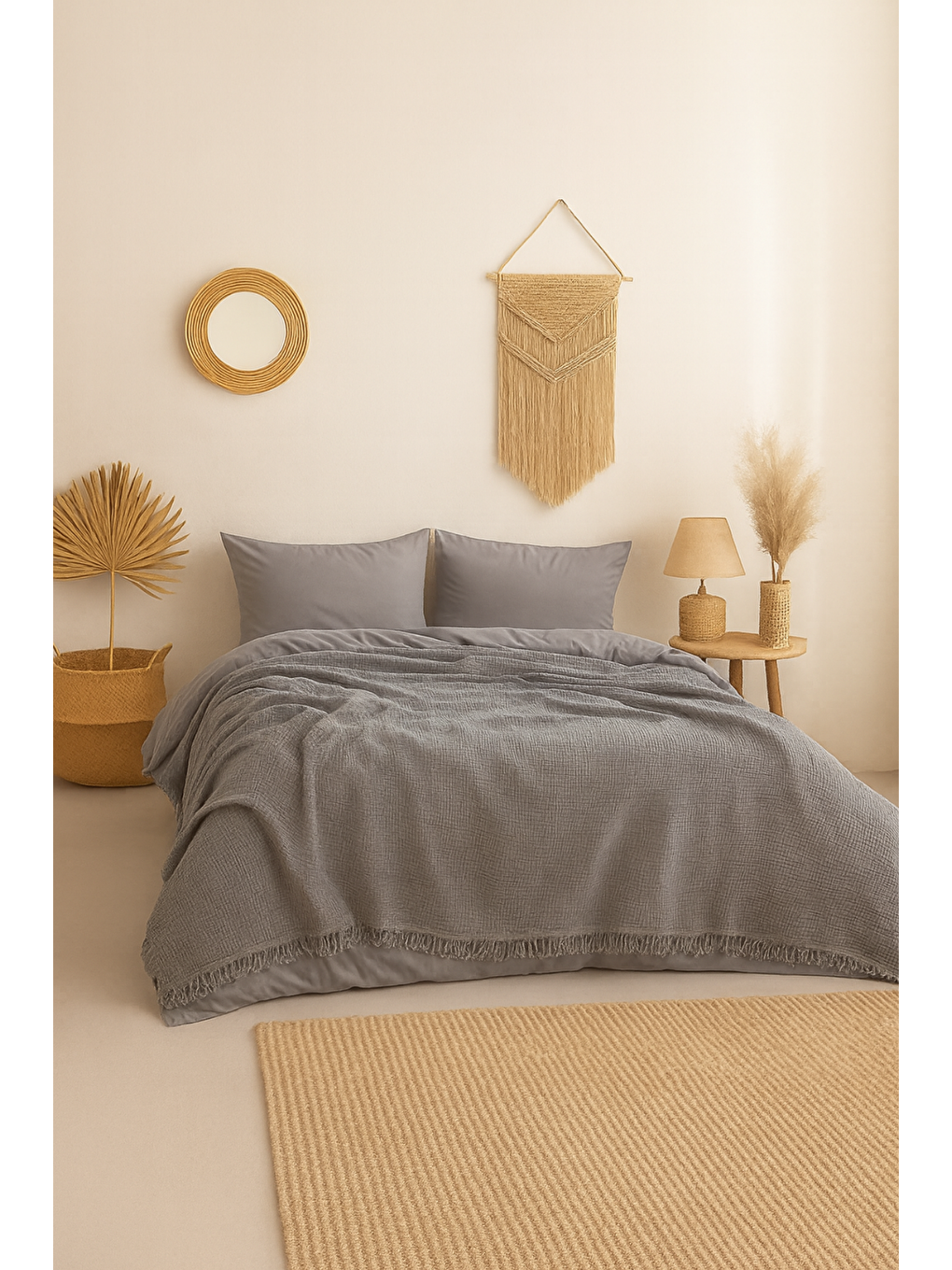 Müslin Antrasit Çift Kişilik Yatak Örtüsü – 4 Katlı