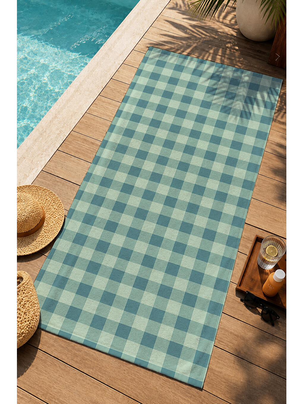 Retro Pastel Mint Yeşili Ekose Kareli Yazlık Desenli 70x150 Plaj Havlusu - Pamuklu Banyo Havlusu-1