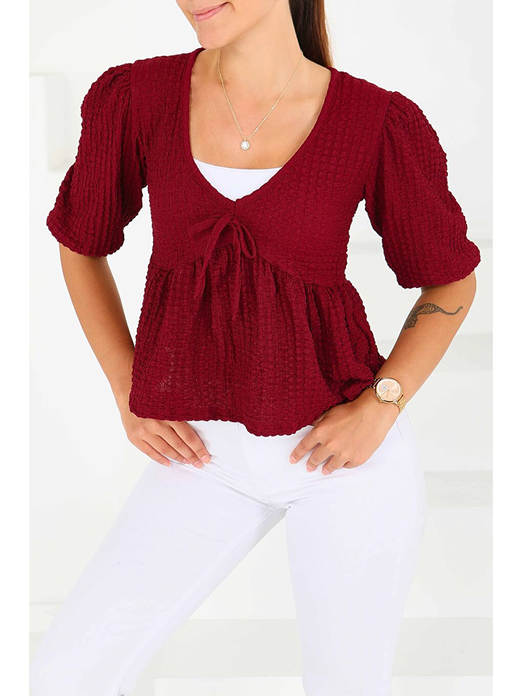 Buffle Kısa Kollu Bluz Bordo - 27538-1