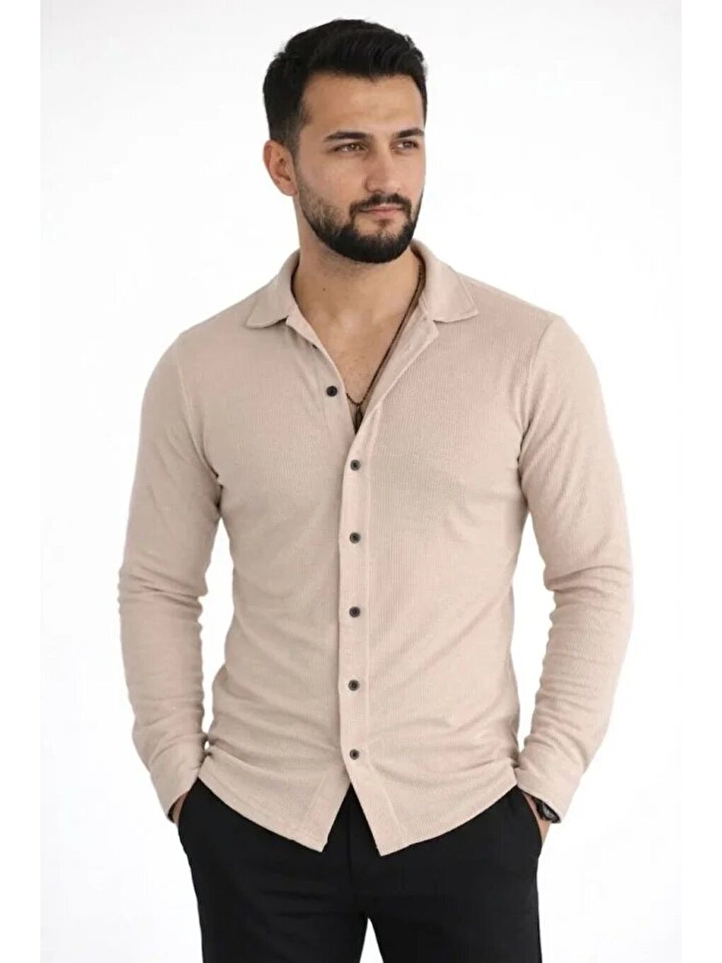 Erkek Waffle Kumaş Uzun Kollu Düğmeli Açık Yaka Regular Fit Gömlek - Bej-1