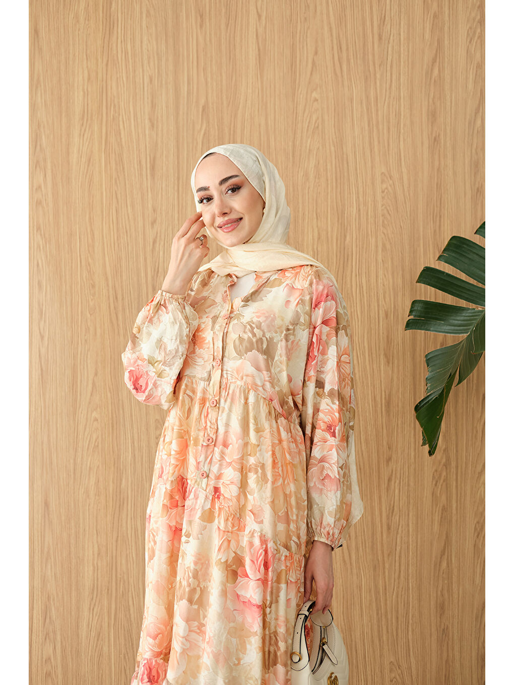 Pembe Kadın Floral Çiçek Desen Elbise Somon-2