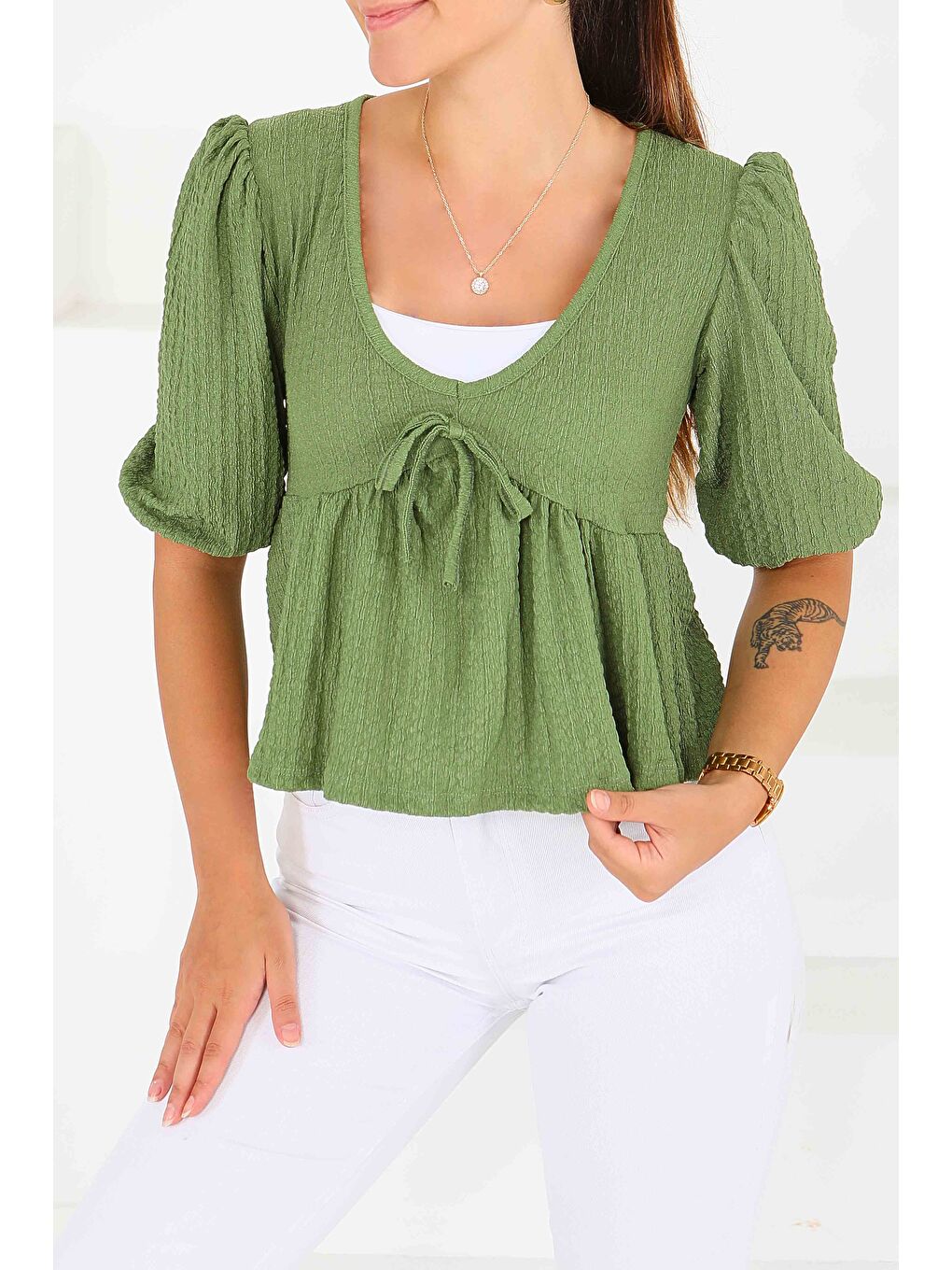 Buffle Kısa Kollu Bluz Haki - 27538-1