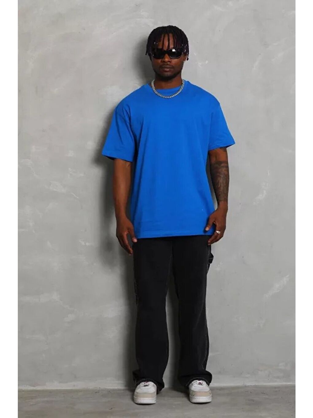 Unisex Oversize Düz Bisiklet Yaka T-Shirt - Mavi