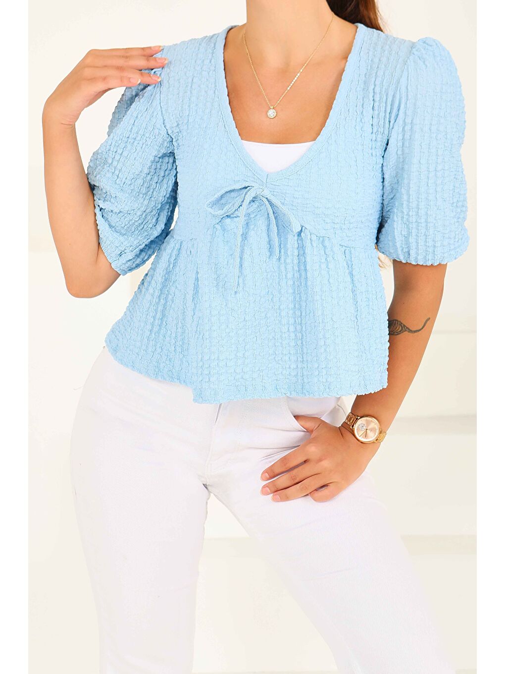 Buffle Kısa Kollu Bluz Bebe Mavi - 27538-2