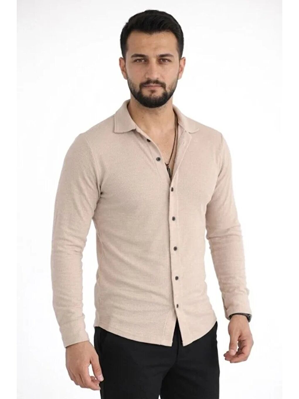 Erkek Waffle Kumaş Uzun Kollu Düğmeli Açık Yaka Regular Fit Gömlek - Bej-2
