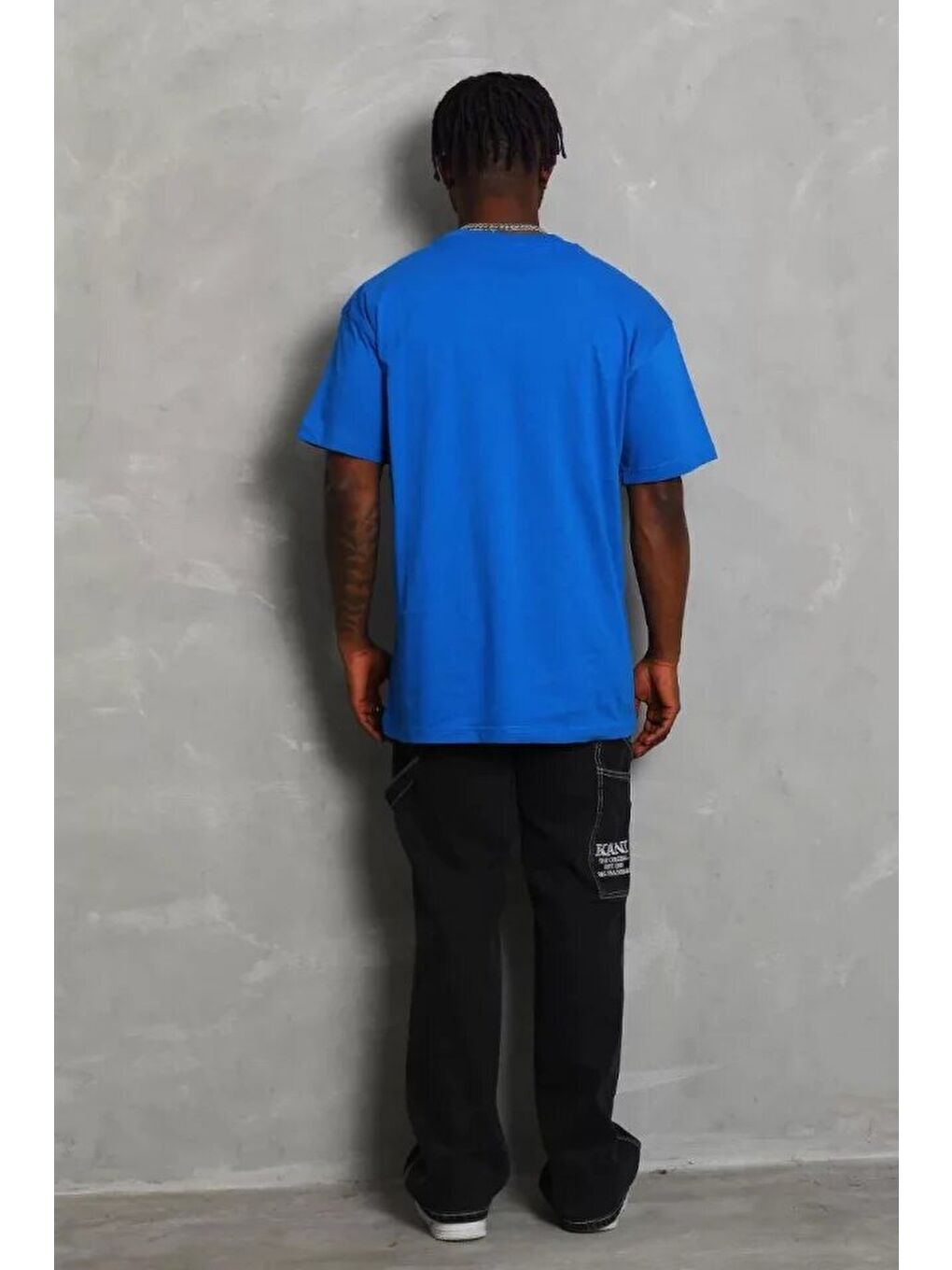 Unisex Oversize Düz Bisiklet Yaka T-Shirt - Mavi-2