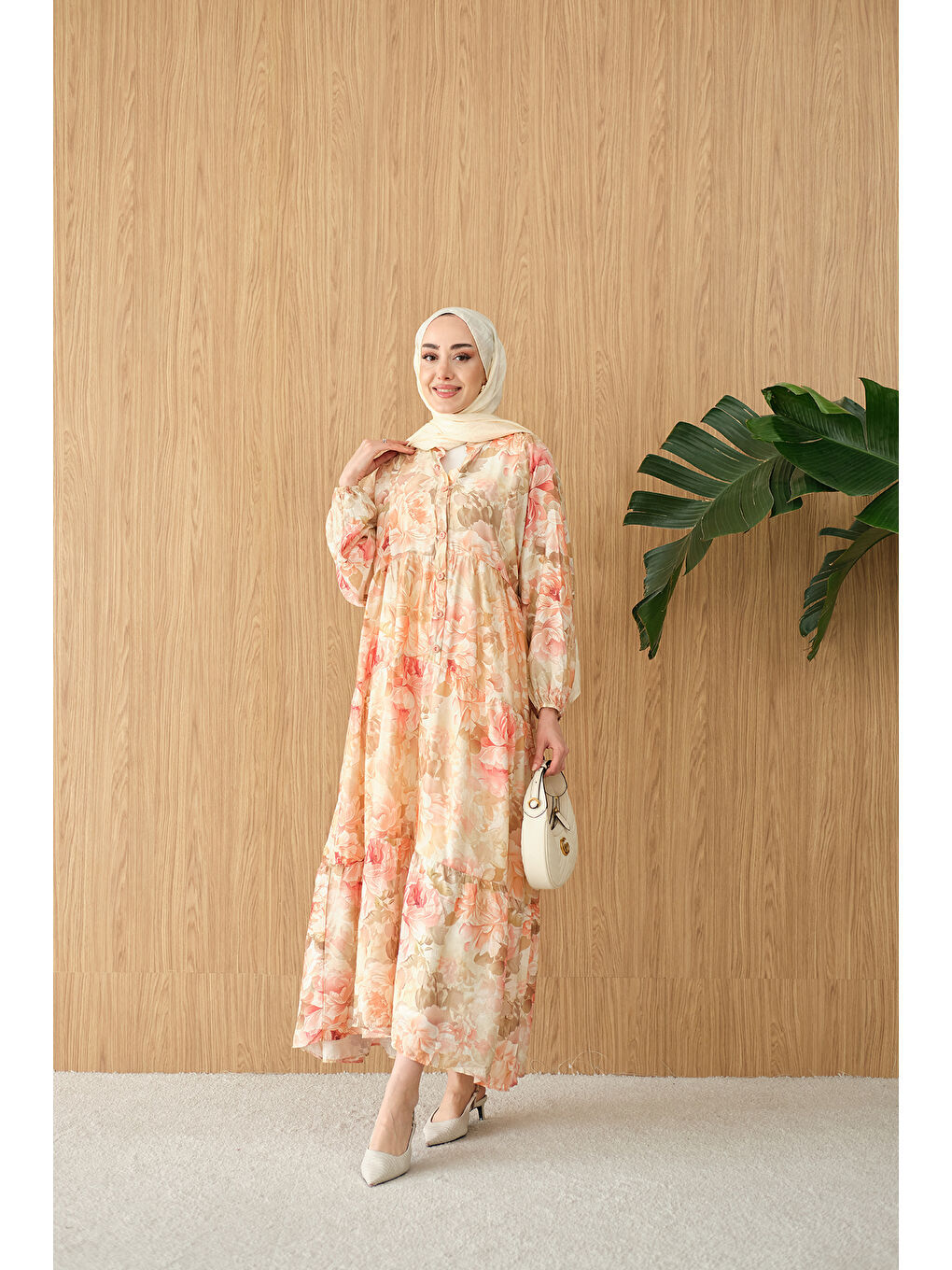 Pembe Kadın Floral Çiçek Desen Elbise Somon-3