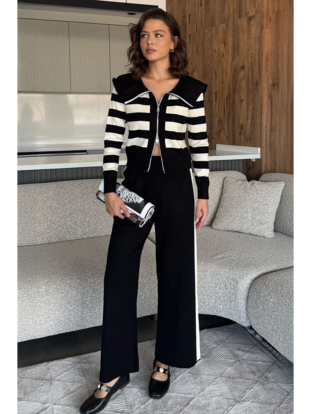 Siyah Kadın Şerit Desenli Triko Hırka Pantolon İkili Takım (s-m-l Beden Uyumludur.)