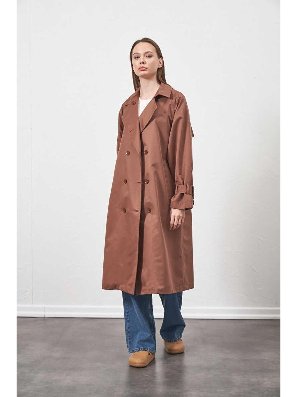 Kahverengi Tokalı Oversize Trenchcoat Kahve
