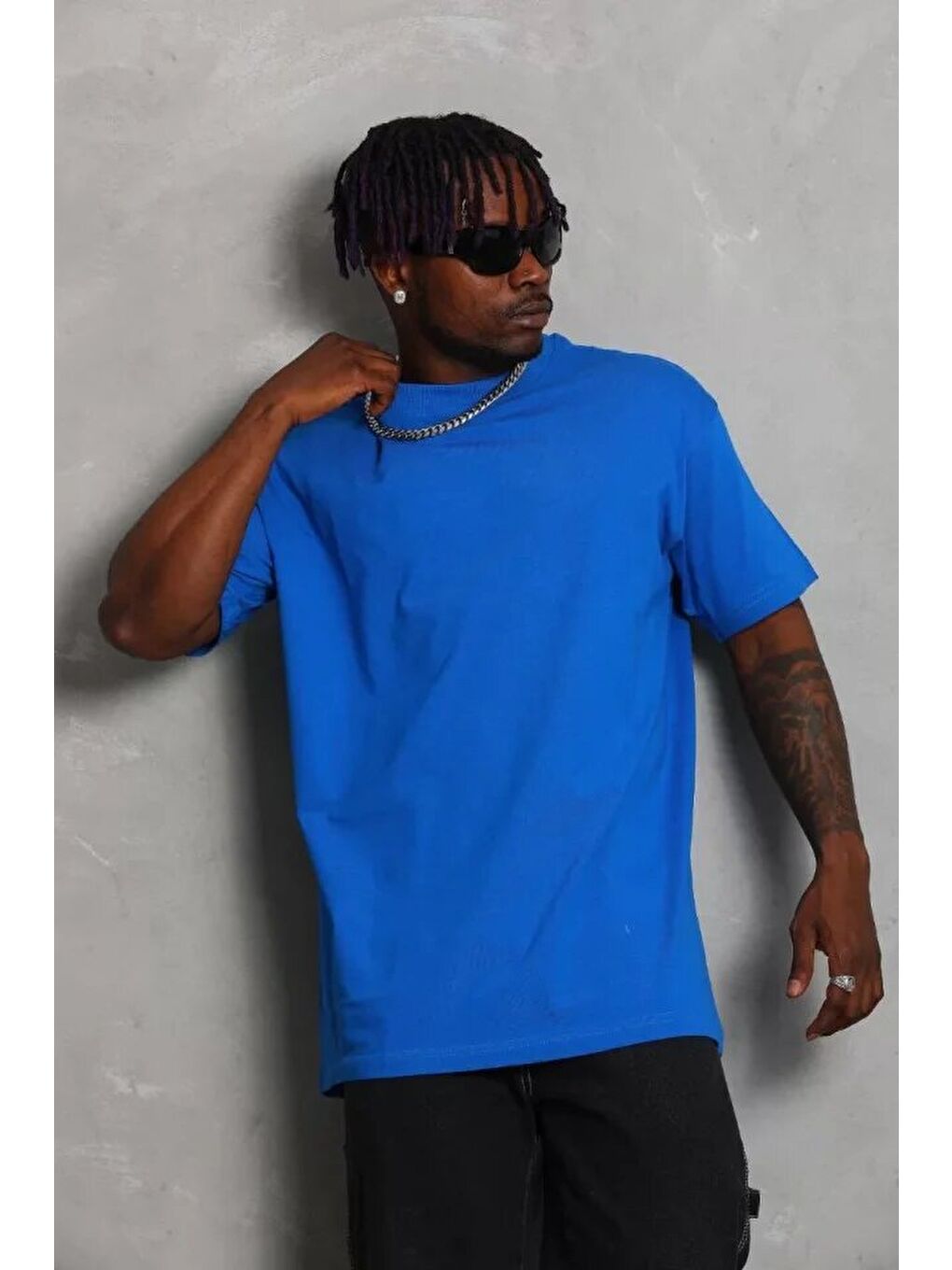 Unisex Oversize Düz Bisiklet Yaka T-Shirt - Mavi-3