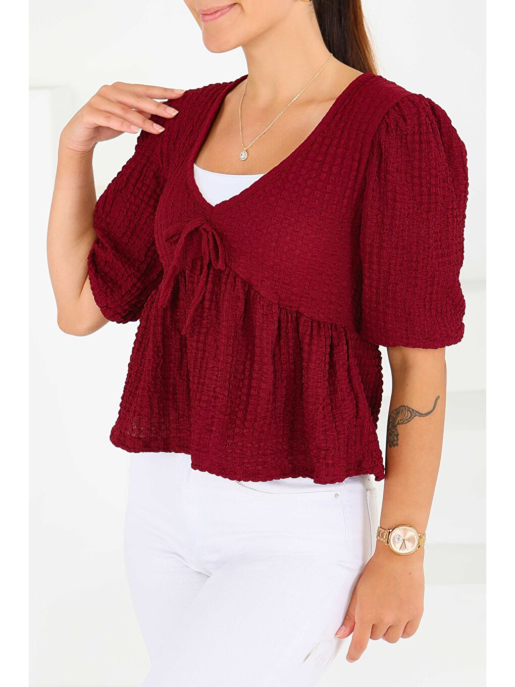 Buffle Kısa Kollu Bluz Bordo - 27538-2