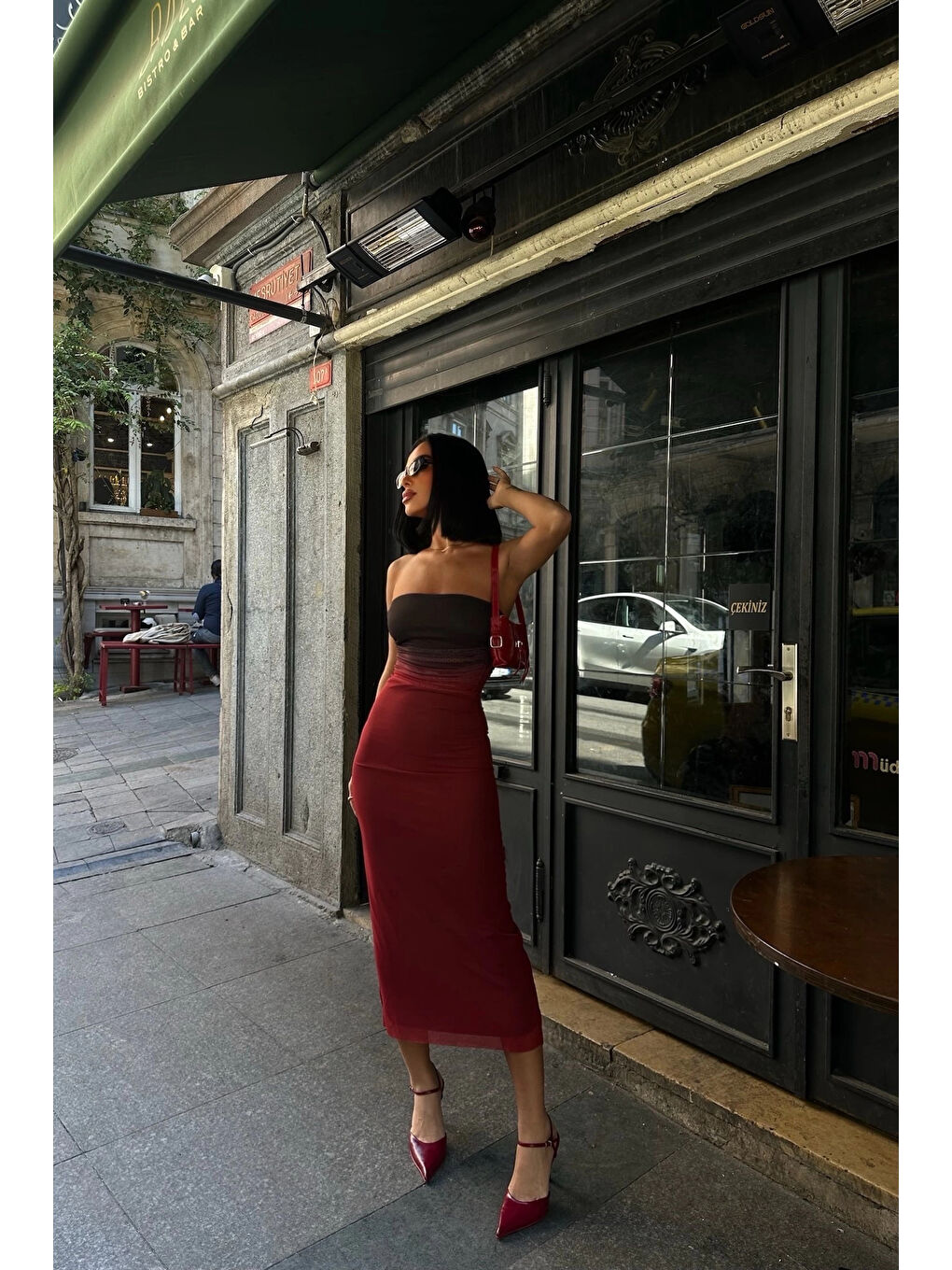 Kadın Bordo Straplez Batik Elbise 1026-0033-2