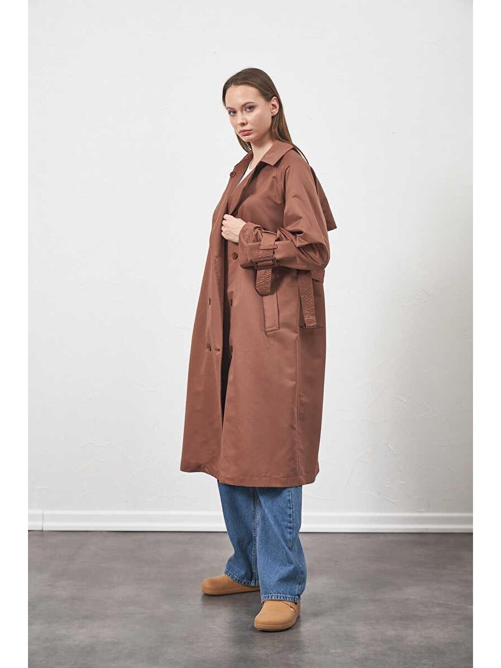 Kahverengi Tokalı Oversize Trenchcoat Kahve-1