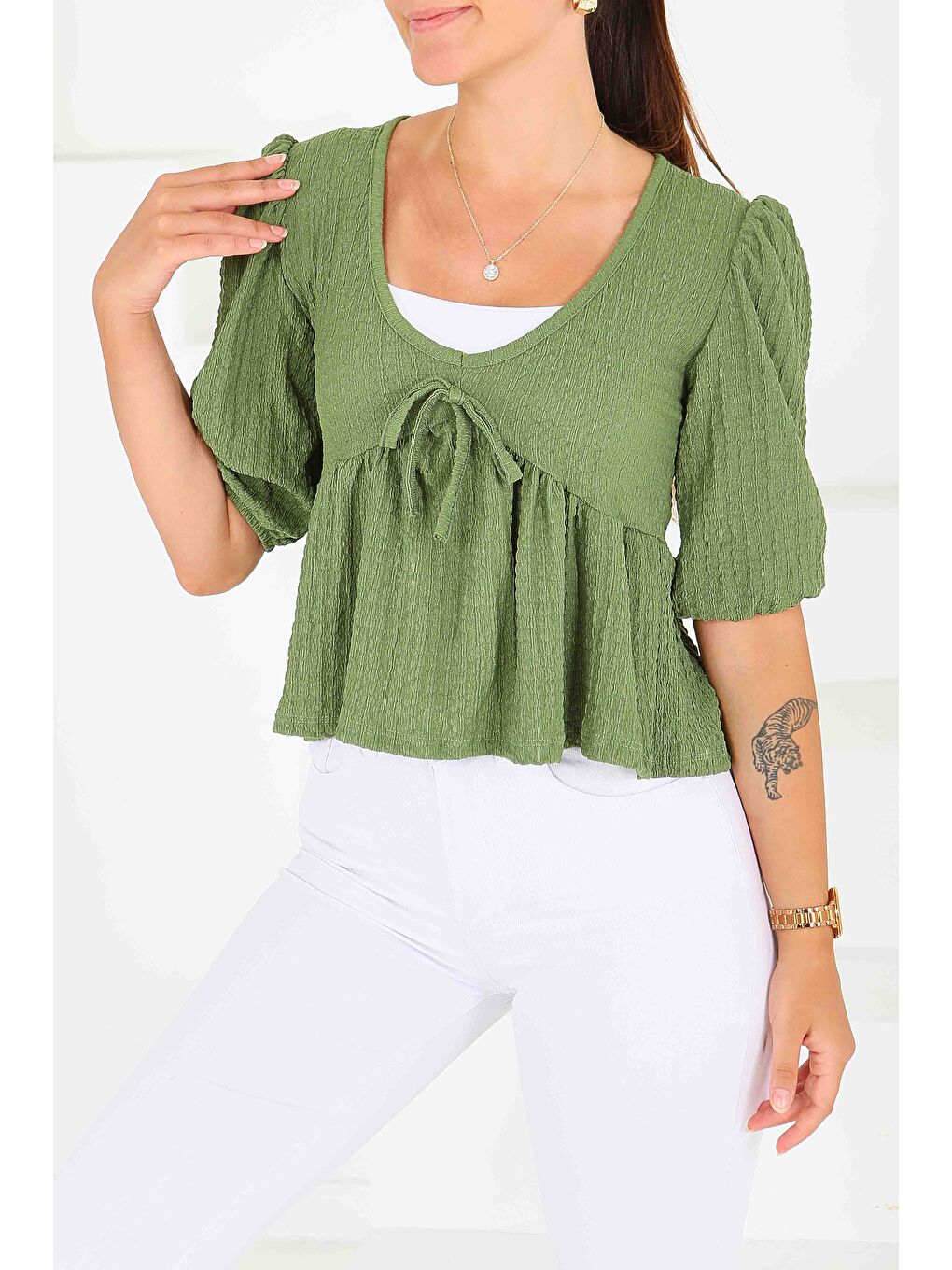 Buffle Kısa Kollu Bluz Haki - 27538-2