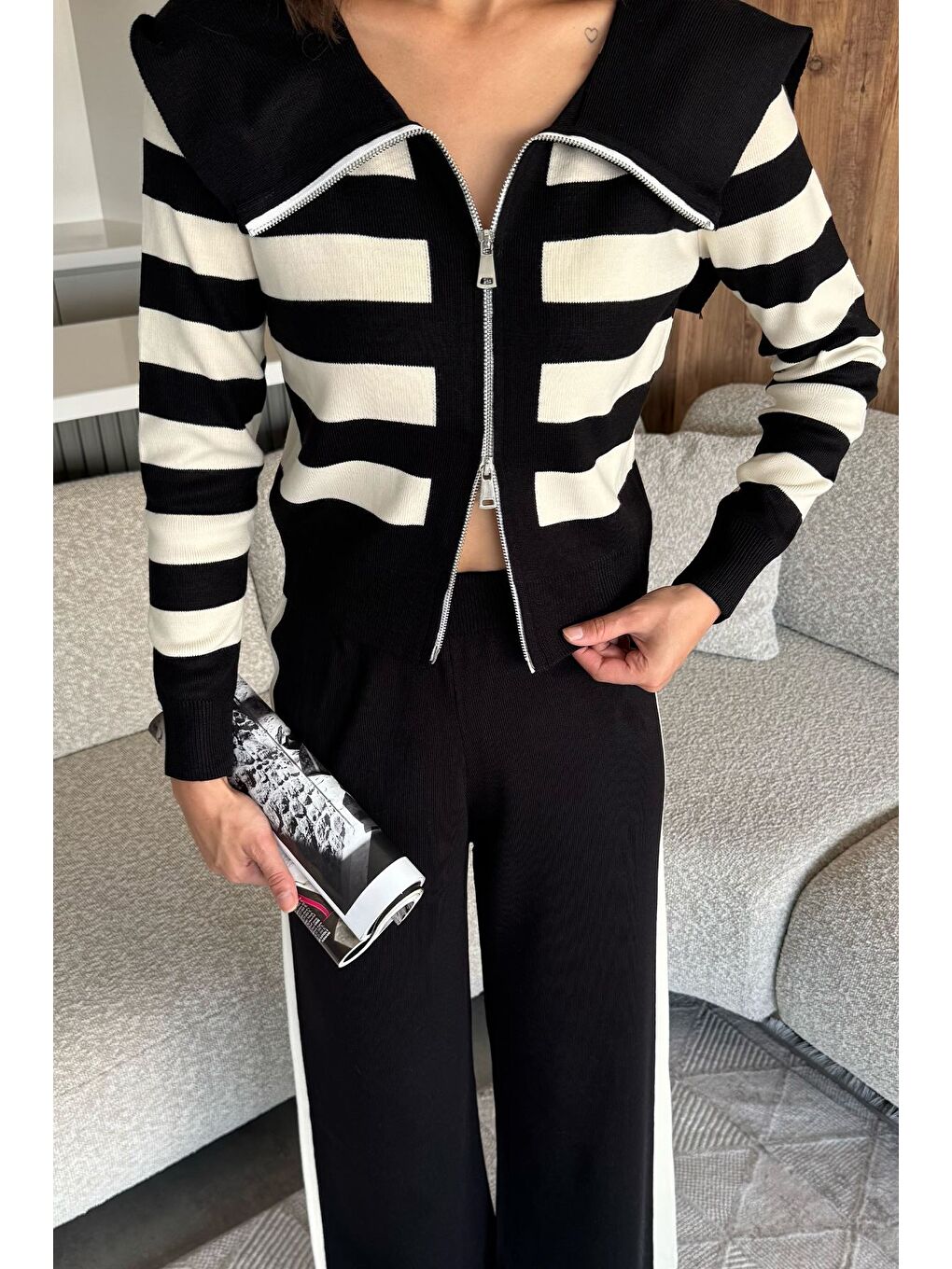 Siyah Kadın Şerit Desenli Triko Hırka Pantolon İkili Takım (s-m-l Beden Uyumludur.)-1