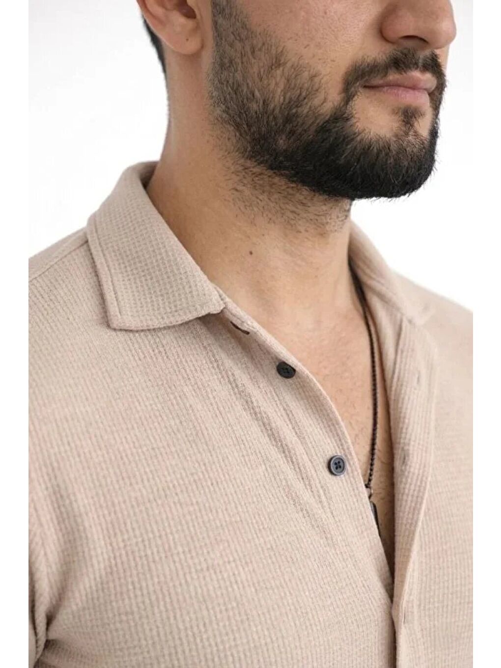 Erkek Waffle Kumaş Uzun Kollu Düğmeli Açık Yaka Regular Fit Gömlek - Bej-3