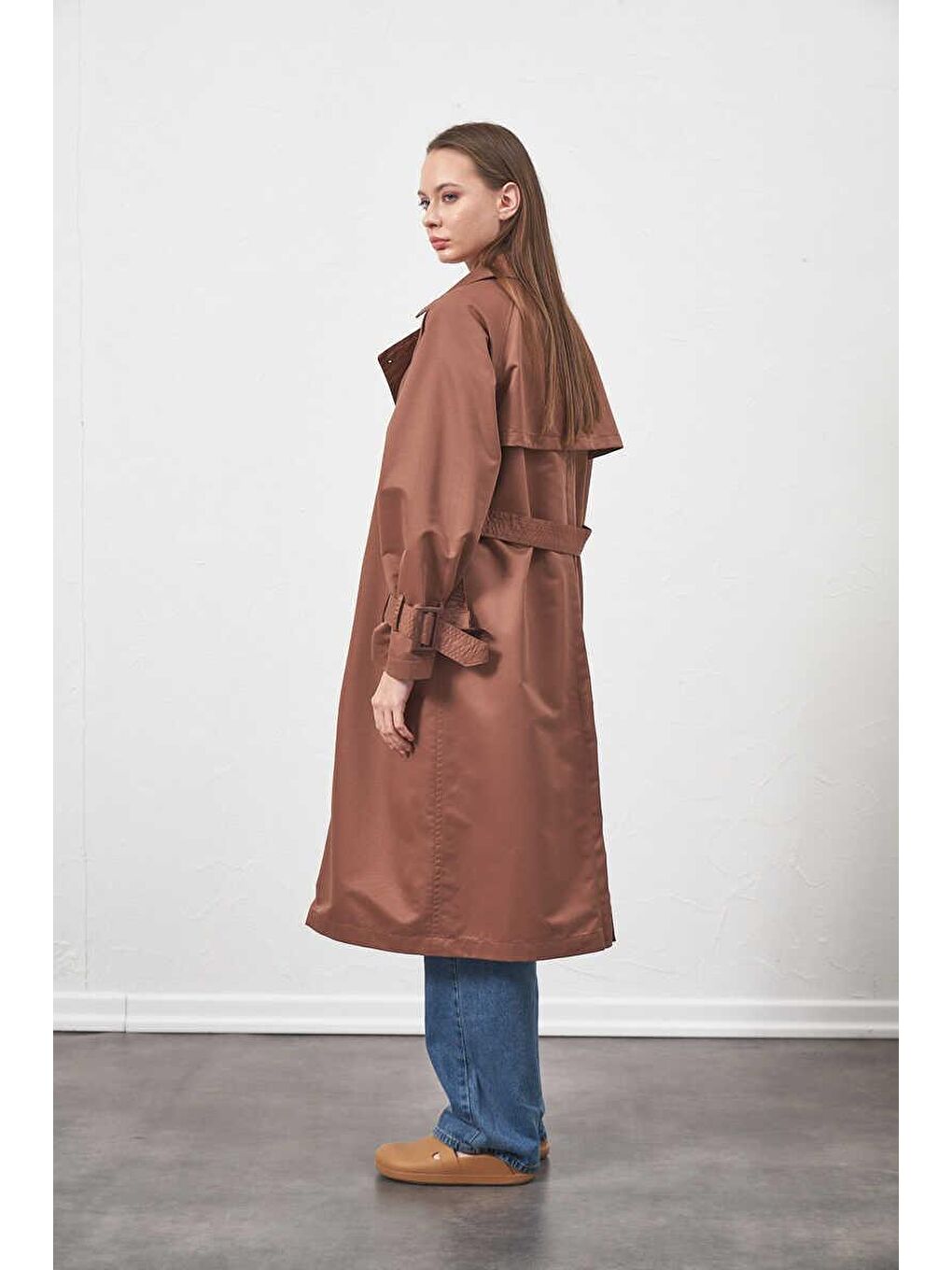 Kahverengi Tokalı Oversize Trenchcoat Kahve-3