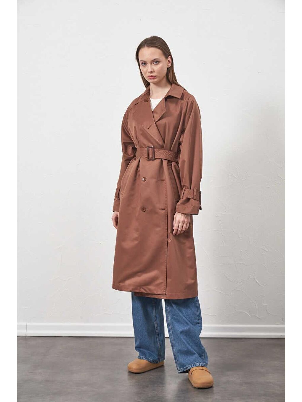 Kahverengi Tokalı Oversize Trenchcoat Kahve-4